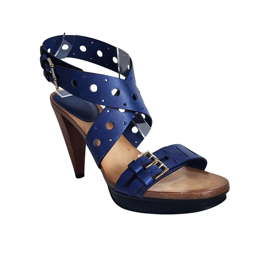 Tod's Blue Leather Perforated Buckle Platform Sandals Heels 37.5 Made in Italy